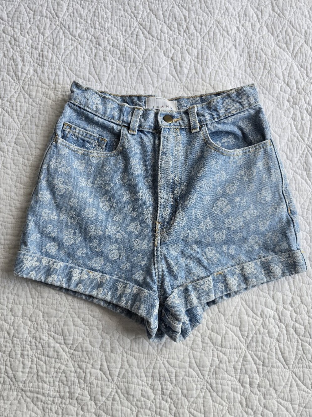 American Apparel High Waisted Floral Jean Denim Roll Cuff Shorts